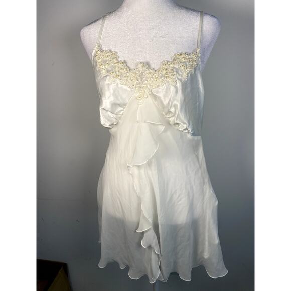 Floral Beaded White Linea Donatella Embroidered Ruffle Strappy Cami Mini Dress - Picture 6 of 7